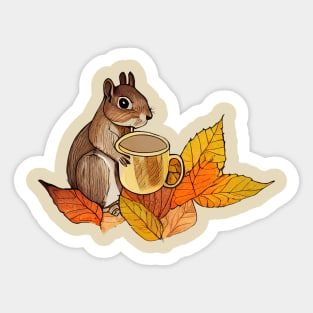 Squirrel drinking coffee, autumn scene Sticker